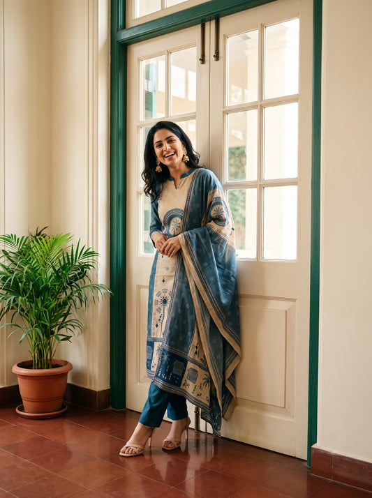 Beige and Teal Blue Straight Kurta Set with Warli Motif Detailing