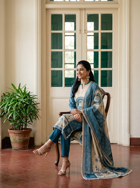 Beige and Teal Blue Straight Kurta Set with Warli Motif Detailing