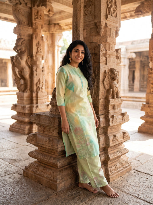 Pastel Green Abstract Digital Printed Straight Kurta Set