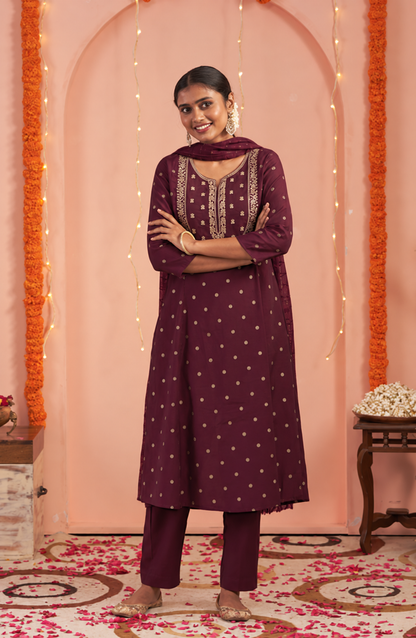 Elegant Burgundy Printed Kurta Set Matching Dupatta