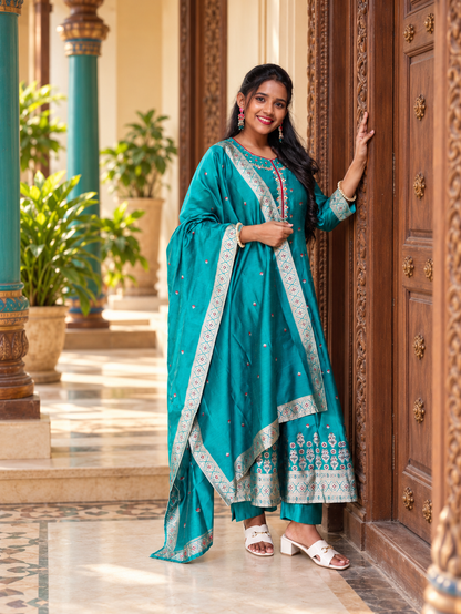 Teal Blue Anarkali Kurta Set with Brocade Dupatta