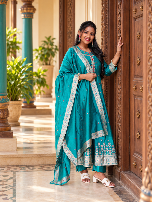 Teal Blue Anarkali Kurta Set with Brocade Dupatta