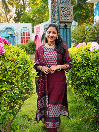 Maroon Geometric Print Straight Kurta Set with Dupatta