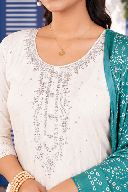 Off-White Anarkali Suit with Teal Green Printed Dupatta