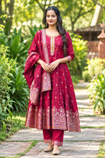 Maroon Floral Brocade Anarkali Suit with Matching Dupatta
