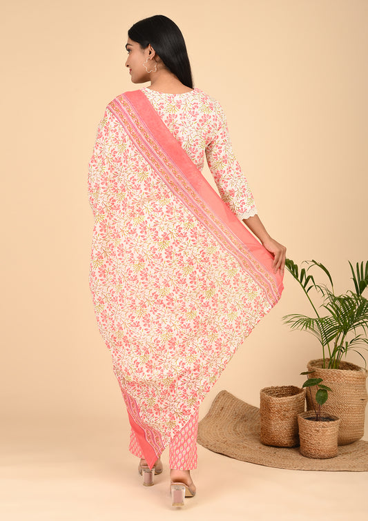 Peach Floral Printed Cotton Kurta Set with Dupatta