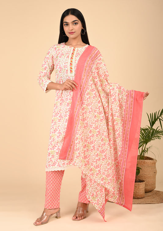 Peach Floral Printed Cotton Kurta Set with Dupatta