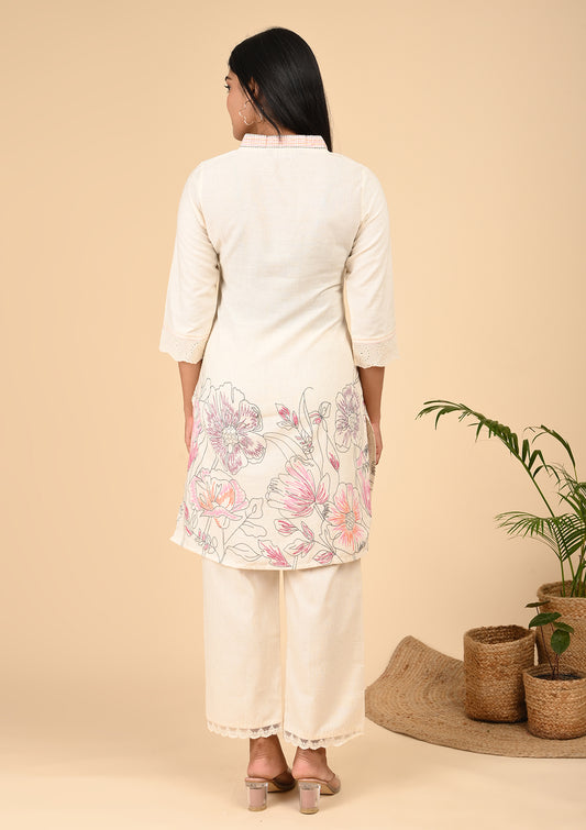 Elegant Off-White Floral Printed Cotton Kurta Set with Embroidered Sleeves