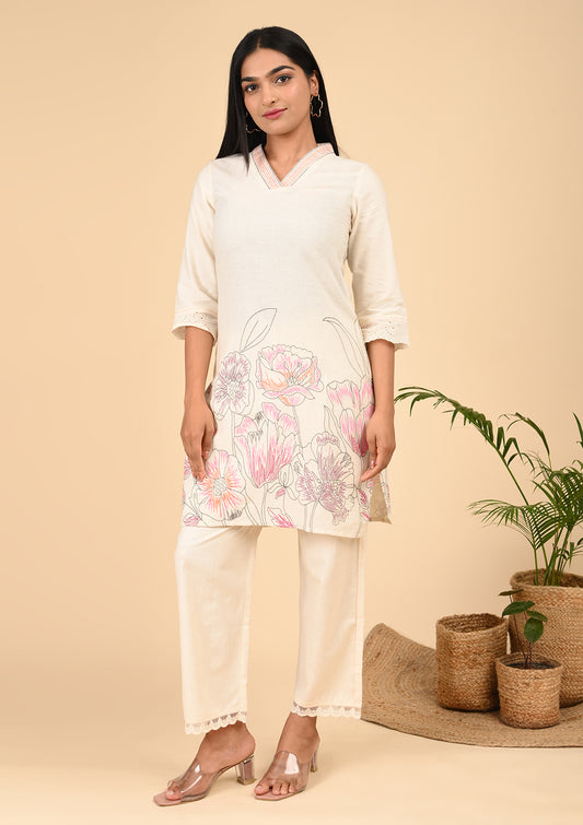 Elegant Off-White Floral Printed Cotton Kurta Set with Embroidered Sleeves