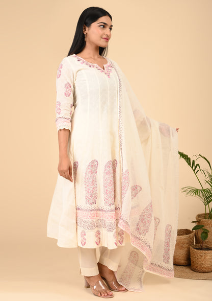 White Block Printed Kurta Sets