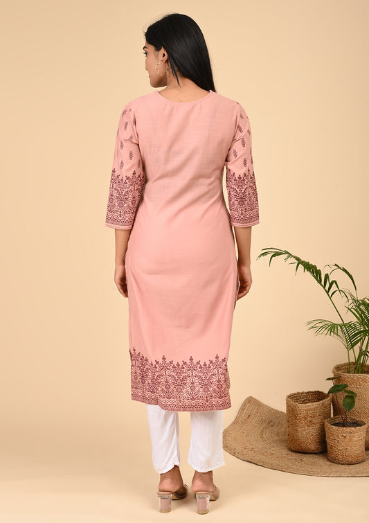 Pink Color Printed Straight Cut Kurta