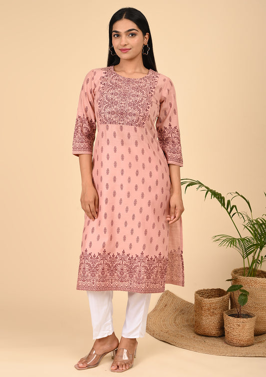 Pink Color Printed Straight Cut Kurta
