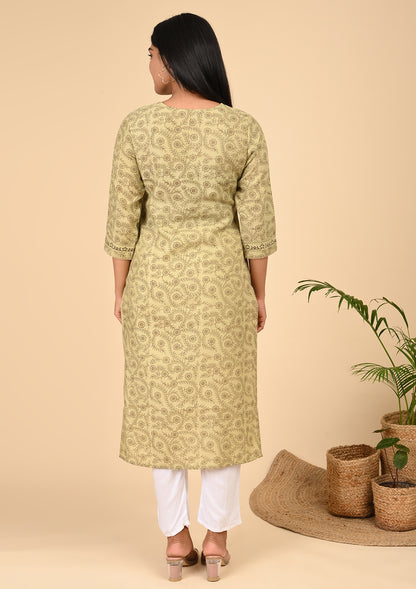Mustard Beige Floral Printed Straight Cotton Kurta