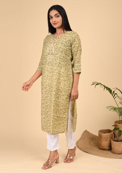 Mustard Beige Floral Printed Straight Cotton Kurta