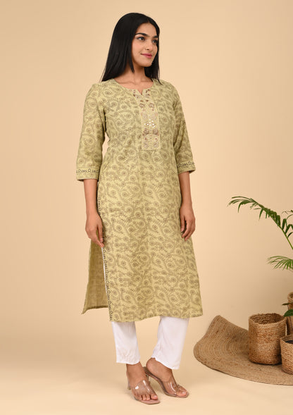 Mustard Beige Floral Printed Straight Cotton Kurta