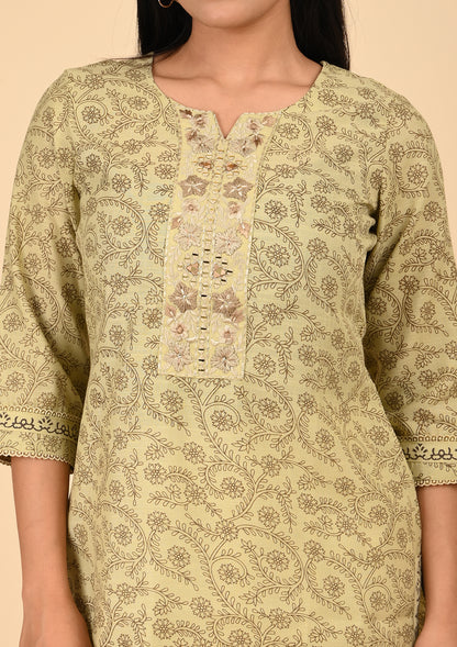 Mustard Beige Floral Printed Straight Cotton Kurta