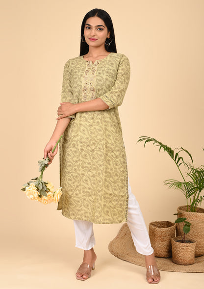Mustard Beige Floral Printed Straight Cotton Kurta