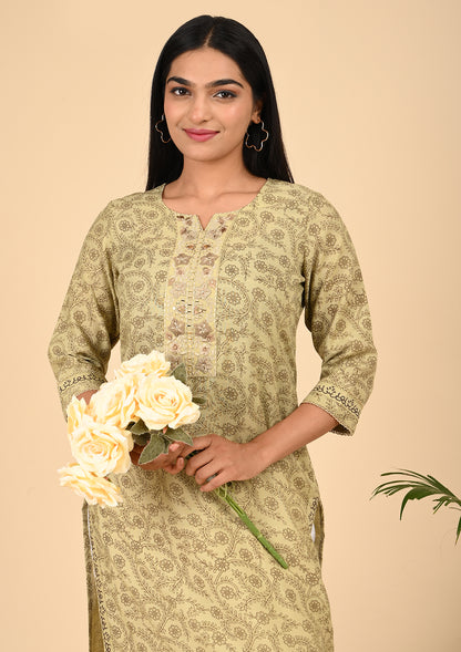 Mustard Beige Floral Printed Straight Cotton Kurta