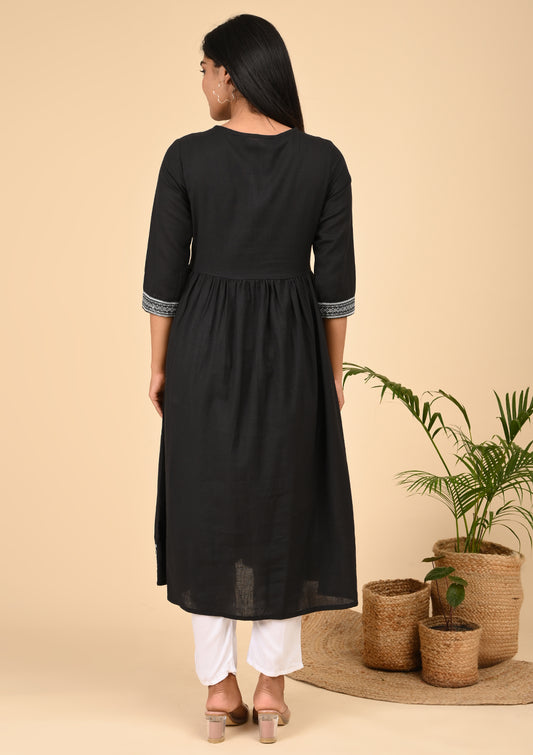 Black Cotton Embroidered Kurta with White Thread Work