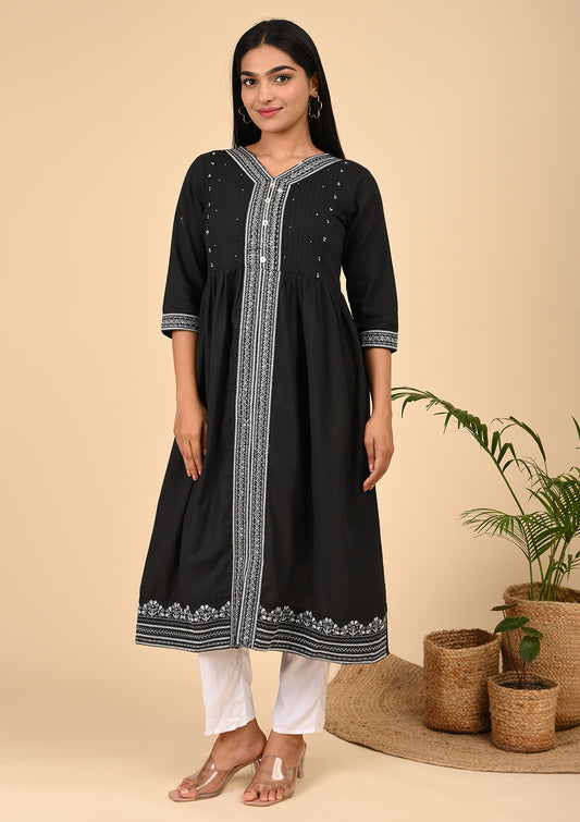 Black Cotton Embroidered Kurta with White Thread Work