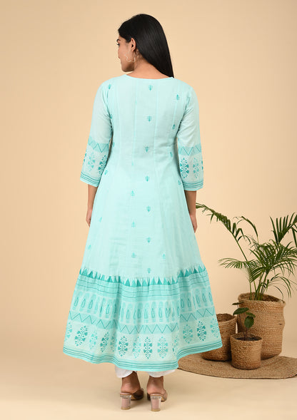 Aqua Blue Embroidered Anarkali Dress with Flared Hem & V-Neckline