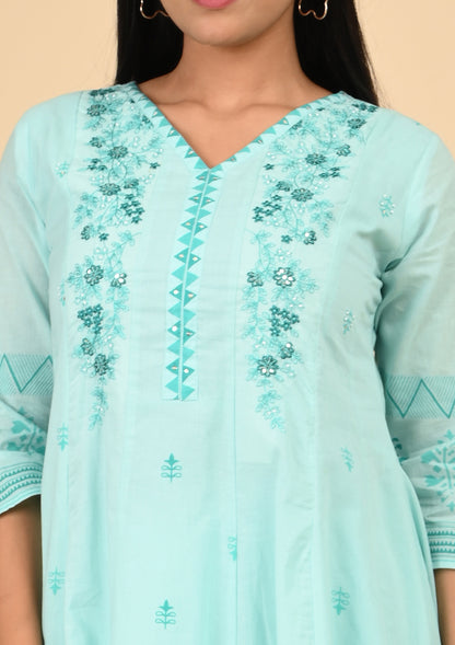 Aqua Blue Embroidered Anarkali Dress with Flared Hem & V-Neckline