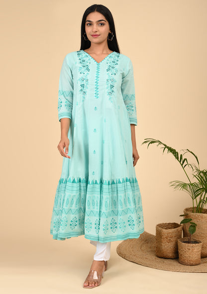 Aqua Blue Embroidered Anarkali Dress with Flared Hem & V-Neckline