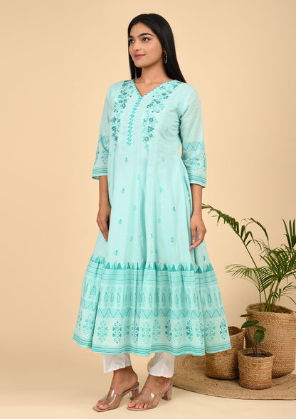 Aqua Blue Embroidered Anarkali Dress with Flared Hem & V-Neckline