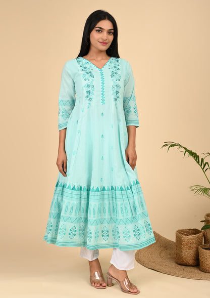 Aqua Blue Embroidered Anarkali Dress with Flared Hem & V-Neckline