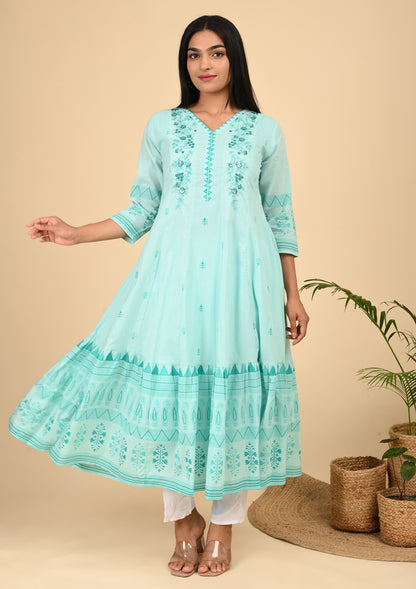 Aqua Blue Embroidered Anarkali Dress with Flared Hem & V-Neckline