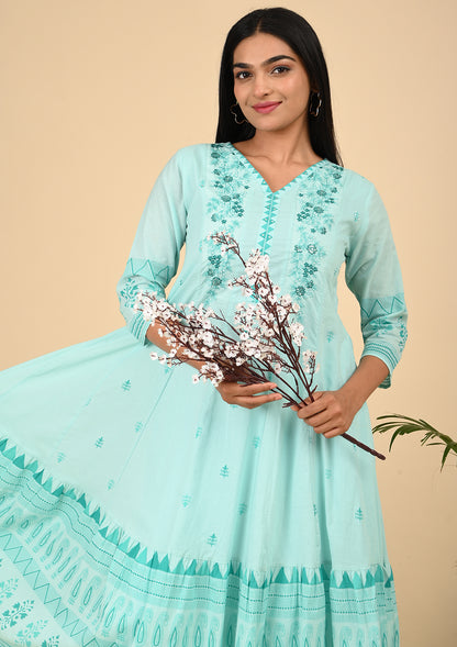 Aqua Blue Embroidered Anarkali Dress with Flared Hem & V-Neckline
