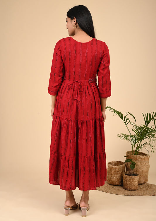 Maroon Hand-Tie Dyed Layered Midi Dress with Sequin Waist Detail