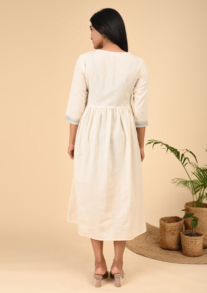 Ivory Beige Embroidered Cotton Gathered Midi Kurti with Front Detailing