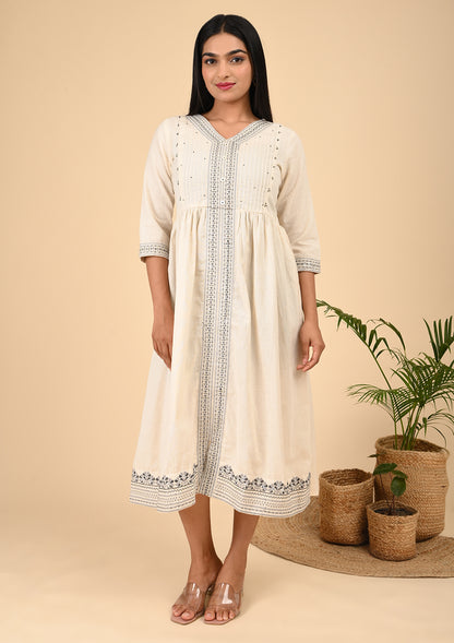 Ivory Beige Embroidered Cotton Gathered Midi Kurti with Front Detailing