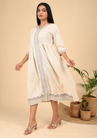Ivory Beige Embroidered Cotton Gathered Midi Kurti with Front Detailing