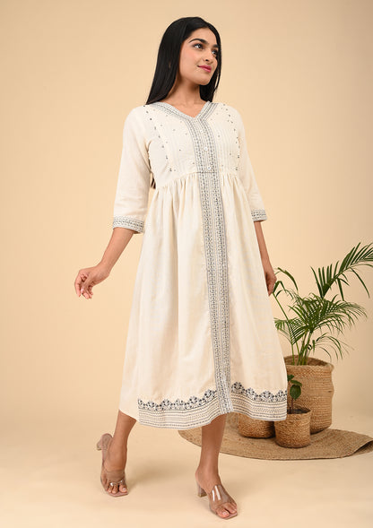 Ivory Beige Embroidered Cotton Gathered Midi Kurti with Front Detailing