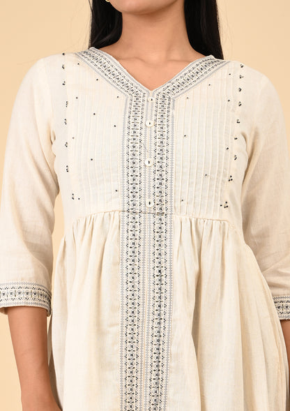 Ivory Beige Embroidered Cotton Gathered Midi Kurti with Front Detailing