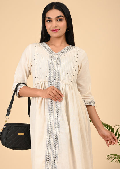 Ivory Beige Embroidered Cotton Gathered Midi Kurti with Front Detailing