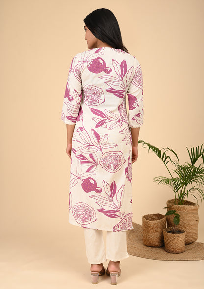 Off-White & Pink Pomegranate Printed Cotton Kurta Set with Notch Neck