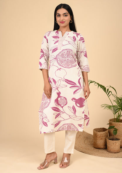 Off-White & Pink Pomegranate Printed Cotton Kurta Set with Notch Neck