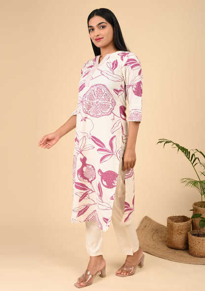 Off-White & Pink Pomegranate Printed Cotton Kurta Set with Notch Neck