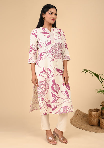 Off-White & Pink Pomegranate Printed Cotton Kurta Set with Notch Neck