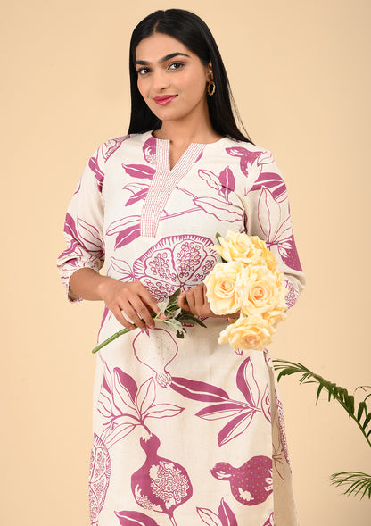 Off-White & Pink Pomegranate Printed Cotton Kurta Set with Notch Neck