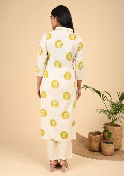 Off-White Printed Cotton Kurta Set with Mustard Floral Motifs & Side Pockets