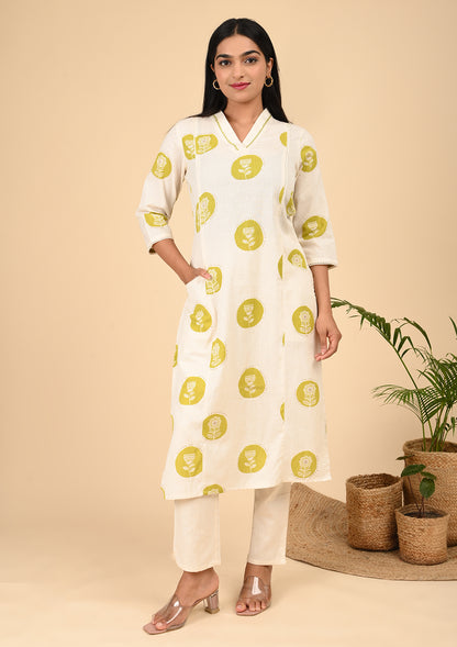 Off-White Printed Cotton Kurta Set with Mustard Floral Motifs & Side Pockets
