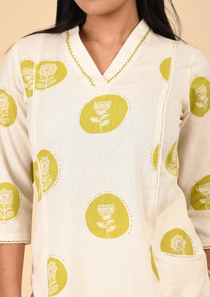 Off-White Printed Cotton Kurta Set with Mustard Floral Motifs & Side Pockets