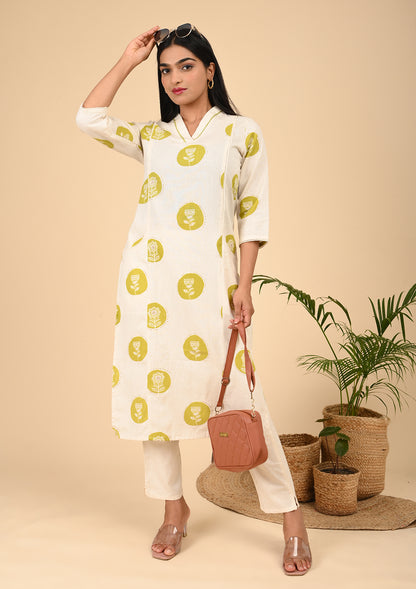 Off-White Printed Cotton Kurta Set with Mustard Floral Motifs & Side Pockets