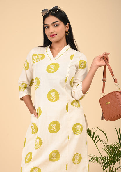 Off-White Printed Cotton Kurta Set with Mustard Floral Motifs & Side Pockets