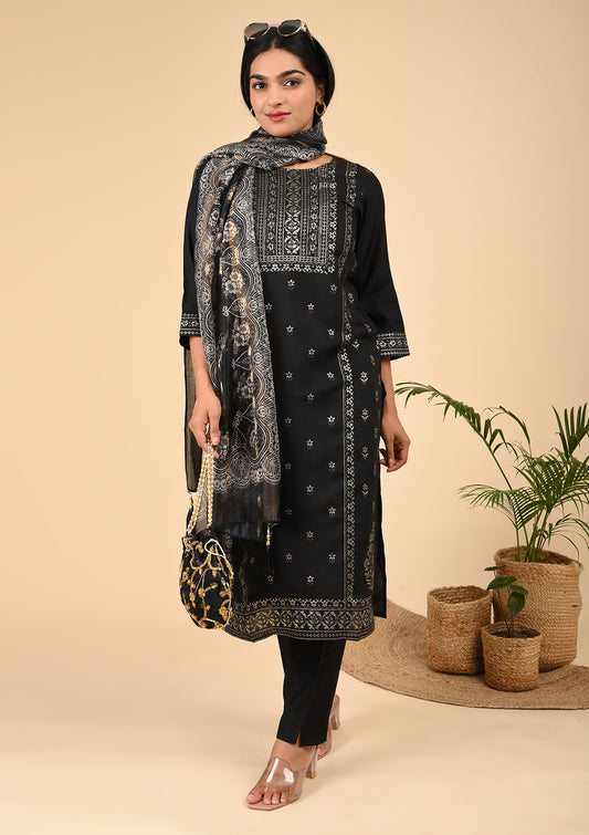 Black Round Neck Foil Printed Kurta Sets