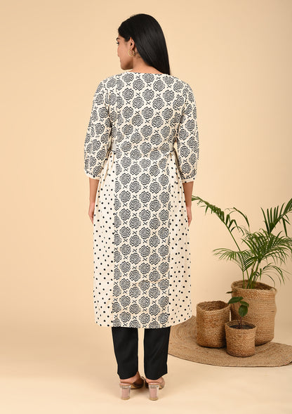 Elegant Black & White Printed A-Line Kurta with Polka Dot Panels